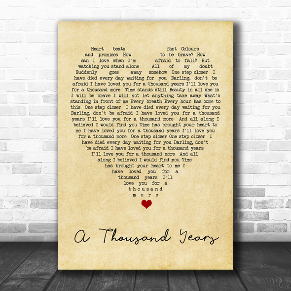 A Thousand Years Christina Perri Vintage Heart Song Lyric Music Wall Art Print