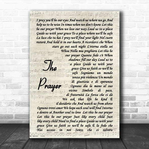 Celine Dion & Andrea Bocelli The Prayer Vintage Script Decorative Wall Art Gift Song Lyric Print