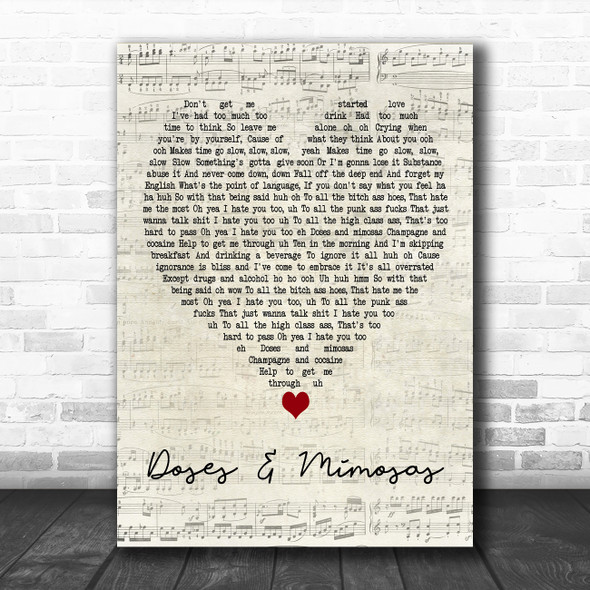 Cherub Doses & Mimosas Script Heart Decorative Wall Art Gift Song Lyric Print