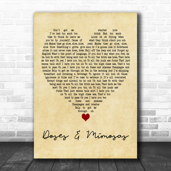 Cherub Doses & Mimosas Vintage Heart Decorative Wall Art Gift Song Lyric Print