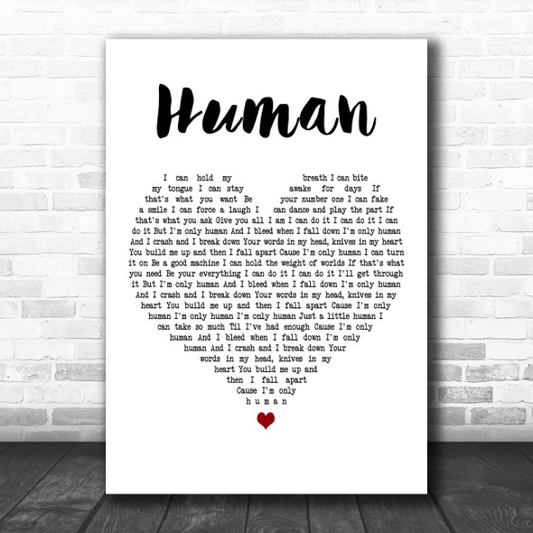 Christina Perri Human White Heart Decorative Wall Art Gift Song Lyric Print