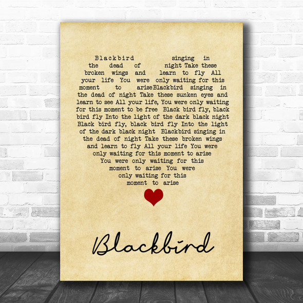 Blackbird The Beatles Vintage Heart Song Lyric Music Wall Art Print