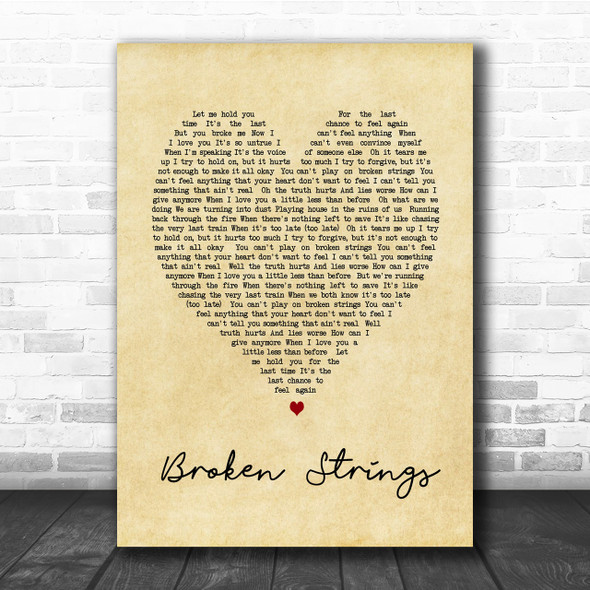 Broken Strings James Morrison Vintage Heart Song Lyric Music Wall Art Print