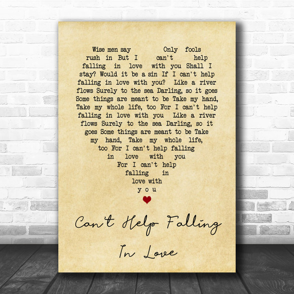 Can't Help Falling In Love Elvis Presley Vintage Heart Song Lyric Music Wall Art Print