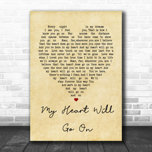 Celine Dion My Heart Will Go On Vintage Heart Song Lyric Music Wall Art Print