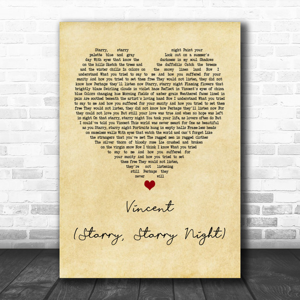 Don McLean Vincent (Starry, Starry Night) Vintage Heart Song Lyric Music Wall Art Print
