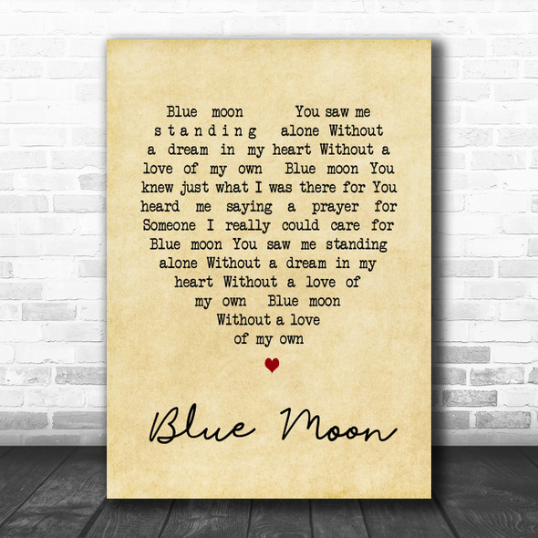 Elvis Presley Blue Moon Vintage Heart Song Lyric Music Wall Art Print