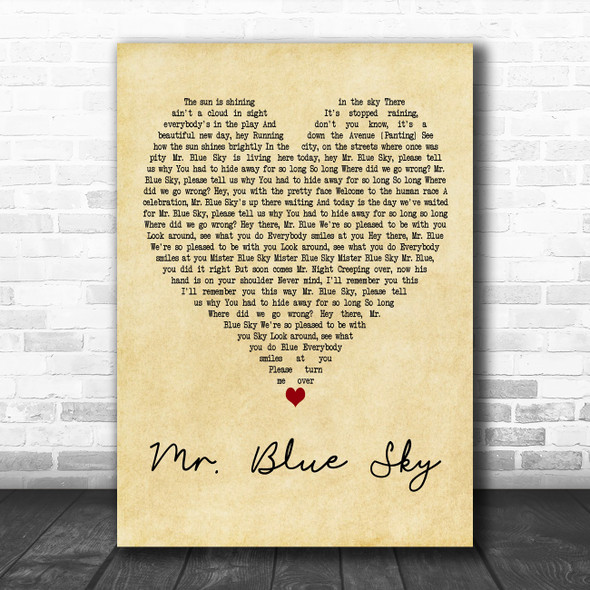 Electric Light Orchestra Mr. Blue Sky Vintage Heart Decorative Wall Art Gift Song Lyric Print