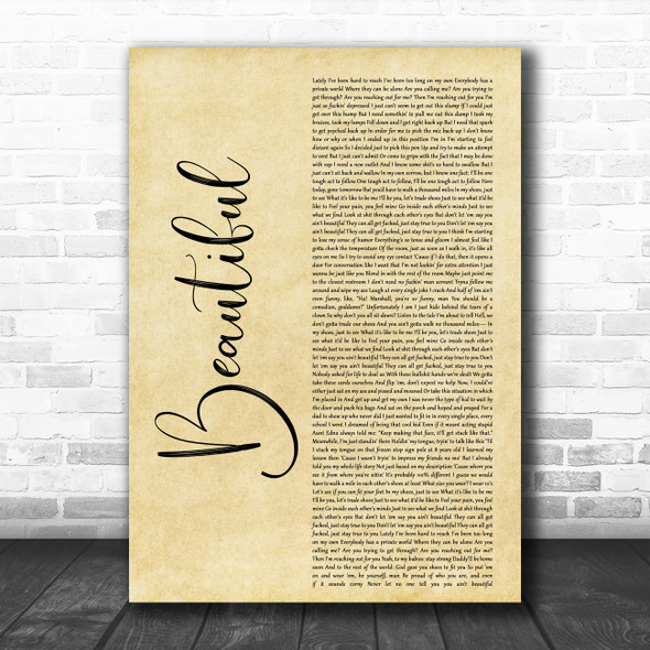 Eminem Beautiful Rustic Script Decorative Wall Art Gift Song Lyric Print