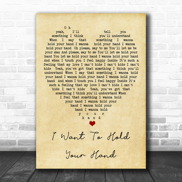 I Want To Hold Your Hand The Beatles Vintage Heart Song Lyric Music Wall Art Print