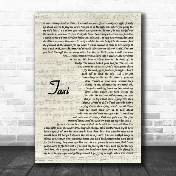 Harry Chapin Taxi Vintage Script Decorative Wall Art Gift Song Lyric Print