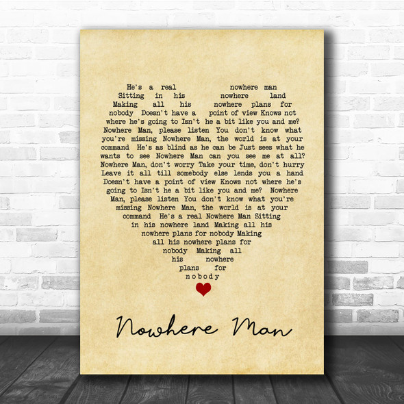 Nowhere Man The Beatles Vintage Heart Song Lyric Music Wall Art Print