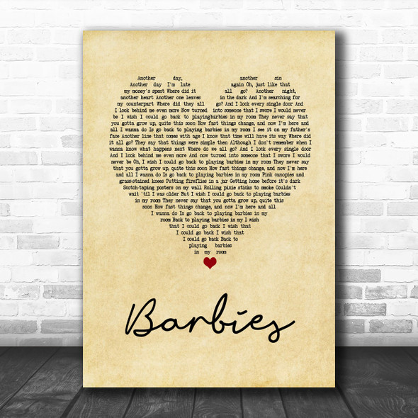 Pink Barbies Vintage Heart Song Lyric Music Wall Art Print