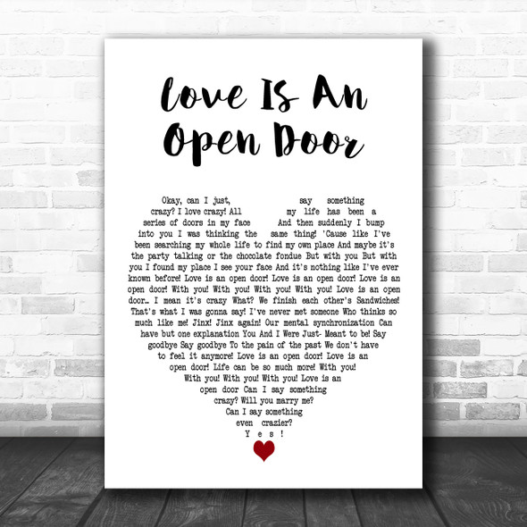 Kristen Bell & Santino Fontana Love Is An Open Door White Heart Wall Art Gift Song Lyric Print