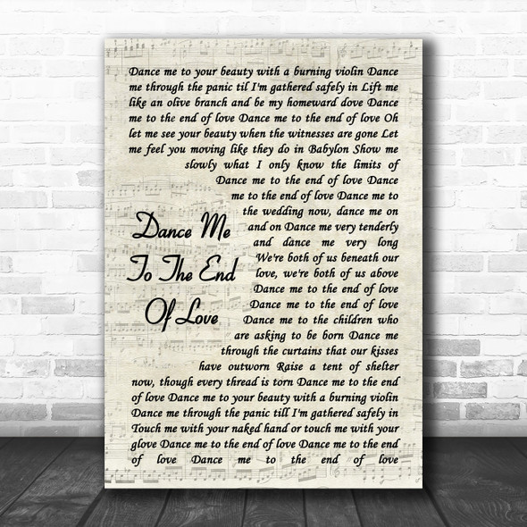 Leonard Cohen Dance Me To The End Of Love Vintage Script Decorative Gift Song Lyric Print