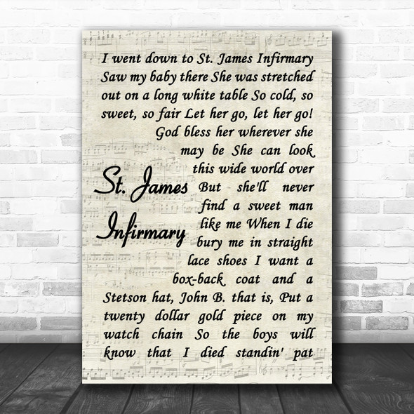 Louis Armstrong St. James Infirmary Blues Vintage Script Decorative Gift Song Lyric Print