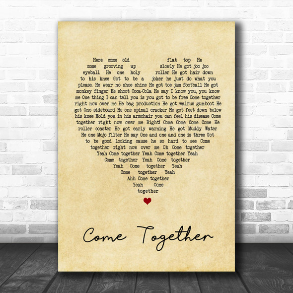 The Beatles Come Together Vintage Heart Song Lyric Music Wall Art Print