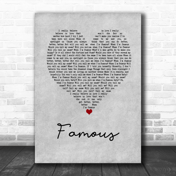 Nathan Sykes Famous Grey Heart Decorative Wall Art Gift Song Lyric Print