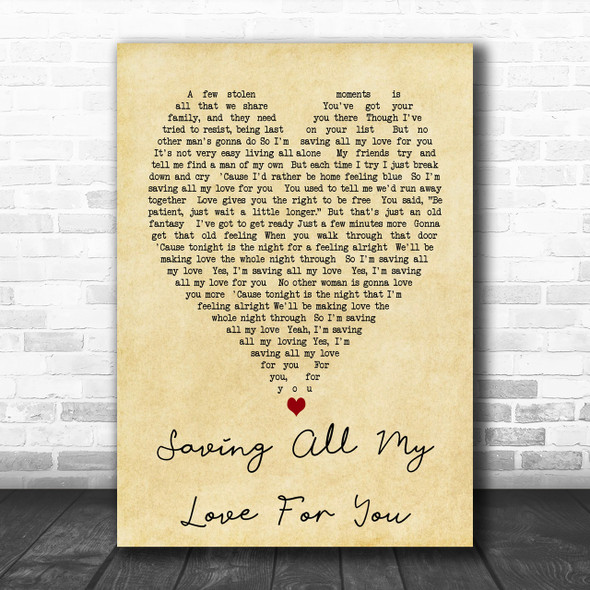 Whitney Houston Saving All My Love For You Vintage Heart Song Lyric Music Wall Art Print