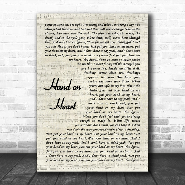 Olly Murs Hand on Heart Vintage Script Decorative Wall Art Gift Song Lyric Print