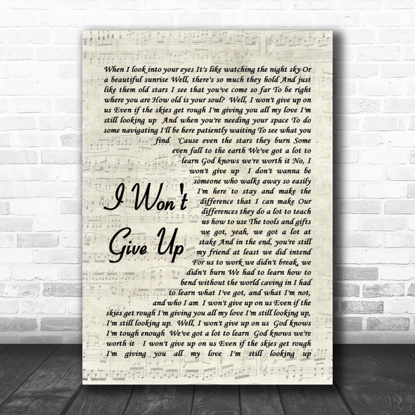 I Won't Give Up Jason Mraz Song Lyric Vintage Script Music Wall Art Print