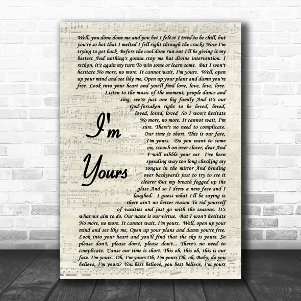 I'm Yours Jason Mraz Song Lyric Vintage Script Music Wall Art Print