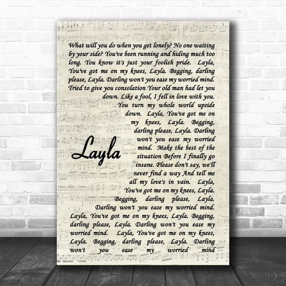 Layla Eric Clapton Song Lyric Vintage Script Music Wall Art Print