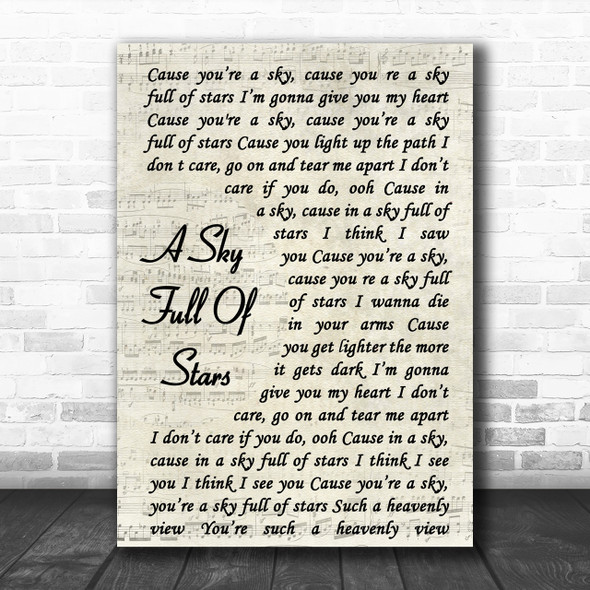 Coldplay A Sky Full Of Stars Vintage Script Song Lyric Music Wall Art Print