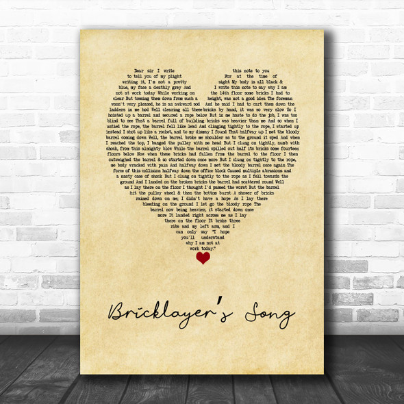 Ray Stevens Bricklayers Song Vintage Heart Decorative Wall Art Gift Song Lyric Print