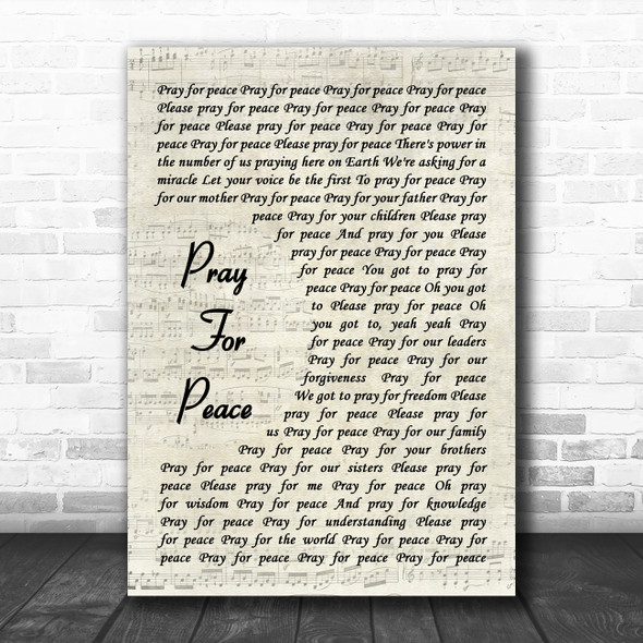 Reba McEntire Pray For Peace Vintage Script Decorative Wall Art Gift Song Lyric Print