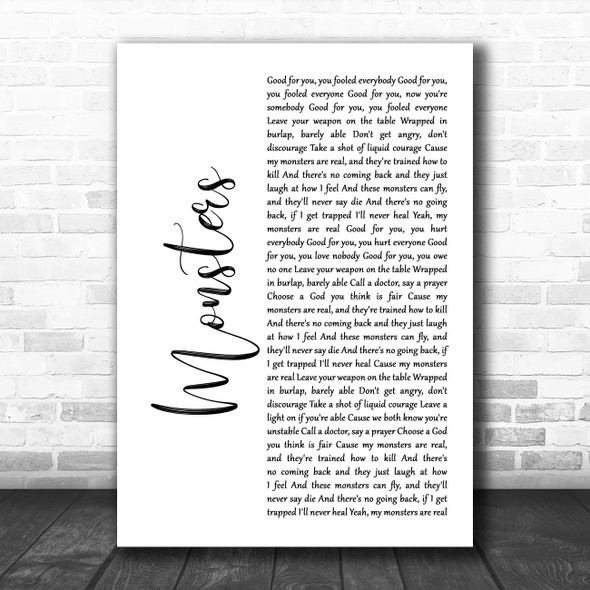Shinedown Monsters White Script Decorative Wall Art Gift Song Lyric Print