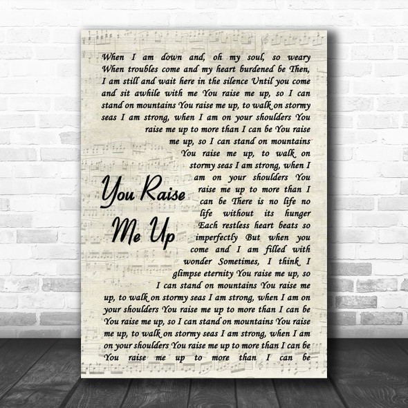 Josh Groban You Raise Me Up Vintage Script Song Lyric Music Wall Art Print