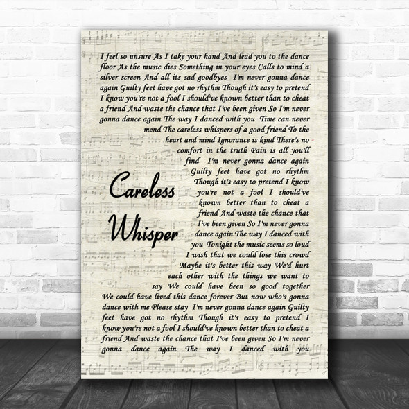 George Michael Careless Whisper Vintage Script Song Lyric Music Wall Art Print