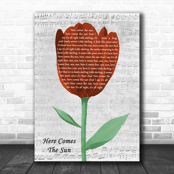 The Beatles Here Comes The Sun Grey Script Watercolour Tulip Song Lyric Print