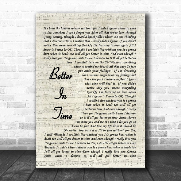 Better In Time Leona Lewis Song Lyric Vintage Script Music Wall Art Print