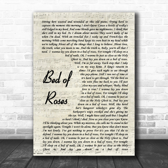 Bon Jovi Bed Of Roses Song Lyric Vintage Script Music Wall Art Print