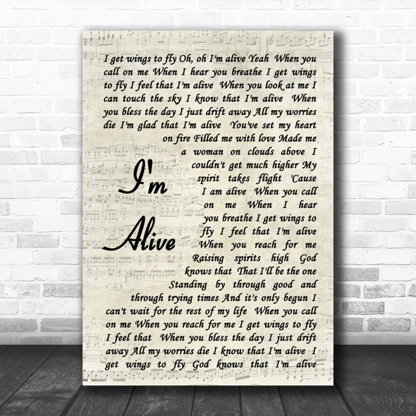 Celine Dion I'm Alive Song Lyric Vintage Script Music Wall Art Print