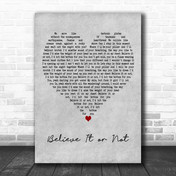 The Royston Club Believe It or Not Grey Heart Decorative Wall Art Gift Song Lyric Print