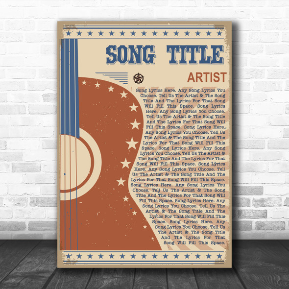 Country Western Festival Guitar Any Song Lyric Personalized Music Wall Art Print