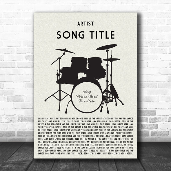 Drum Kit Black Any Song Lyric Personalized Music Wall Art Print