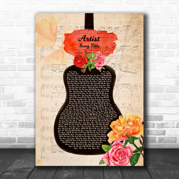 Floral Rose Guitar Script Any Song Lyric Personalized Music Wall Art Print