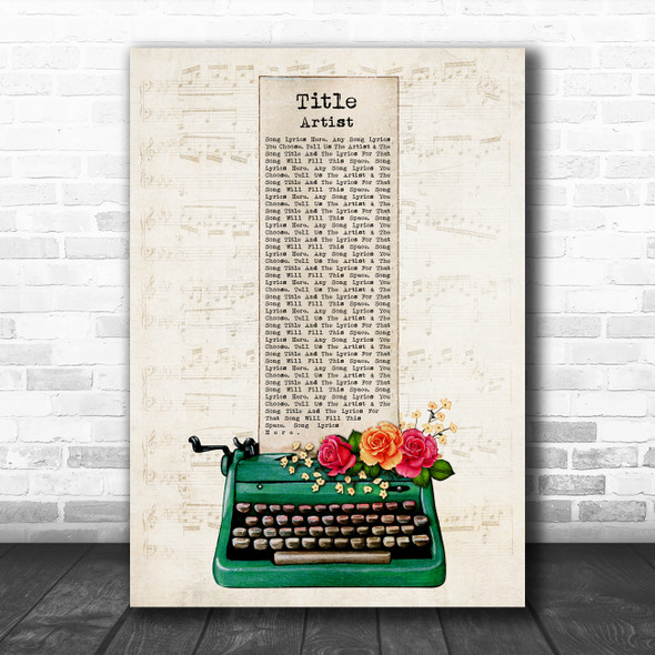 Green Floral Typewriter Vintage Chic Any Song Lyric Personalized Music Art Print