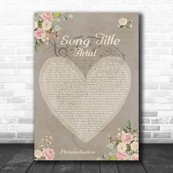 Shabby Chic Floral Heart Grey Any Song Lyric Personalized Music Wall Art Print
