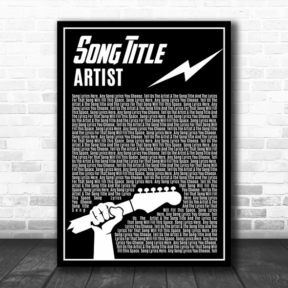 Black & White Guitar Lightening Rock Any Song Lyric Personalized Music Art Print