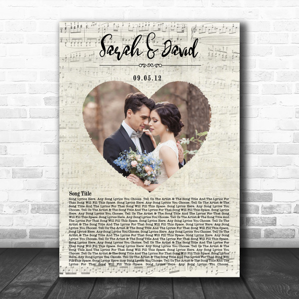 Heart Wedding Photo First Dance Music Script Names Date Any Song Lyric Art Print