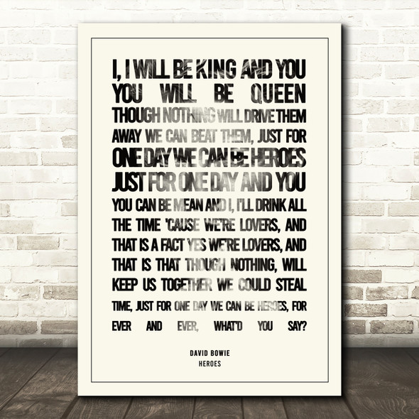 David Bowie Heroes Black Typography Music Song Lyric Wall Art Print