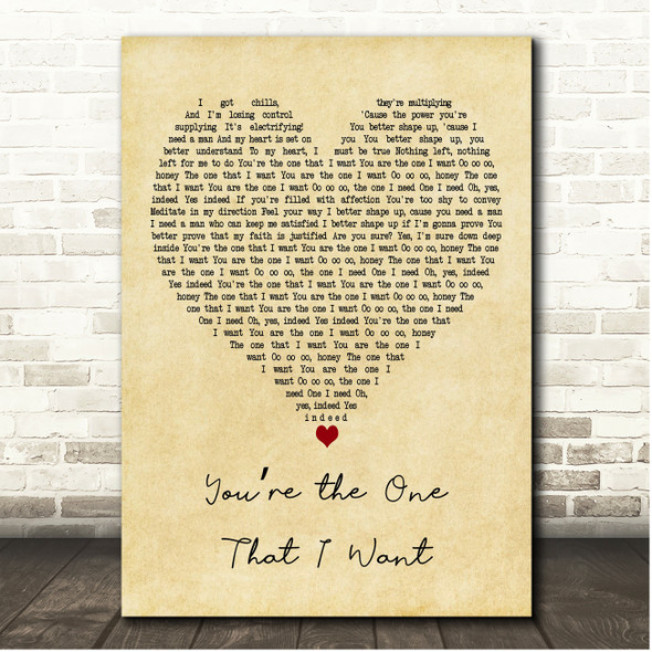 John Travolta & Olivia Newton-John Youre the One That I Want Vintage Heart Song Lyric Print