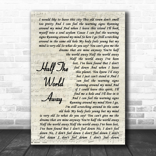 Oasis Half The World Away Song Lyric Vintage Script Music Wall Art Print