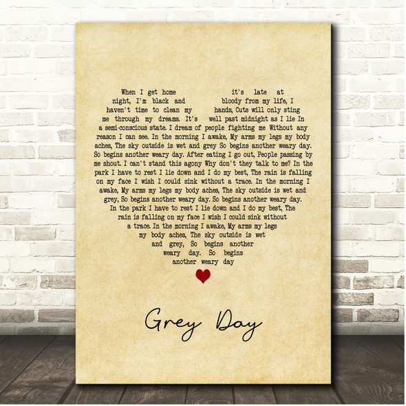 Madness Grey Day Vintage Heart Song Lyric Print