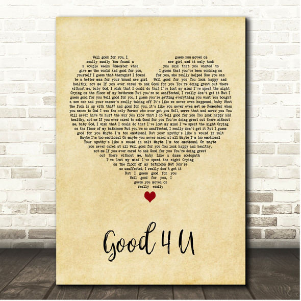 Olivia Rodrigo Good 4 U Vintage Heart Song Lyric Print